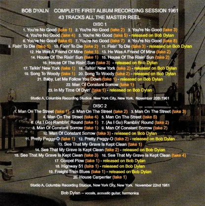 BOB DYLAN / COMPLETE FIRST ALBUM RECORDING SESSION 1961 ALL THE MASTER REEL (2CD)