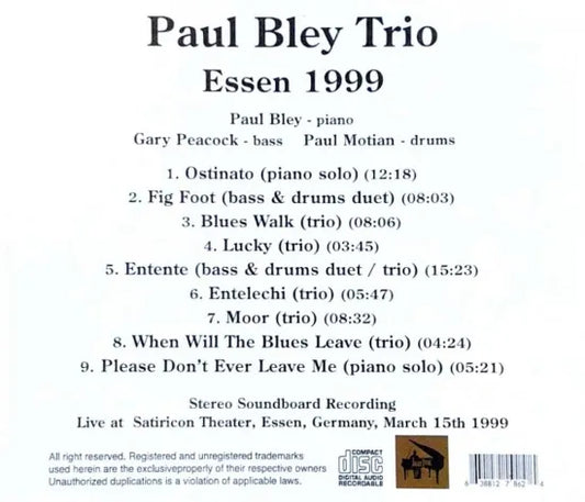 PAUL BLEY TRIO / Essen 1999 CAJA DE SONIDO ESTÉREO (1 CD)