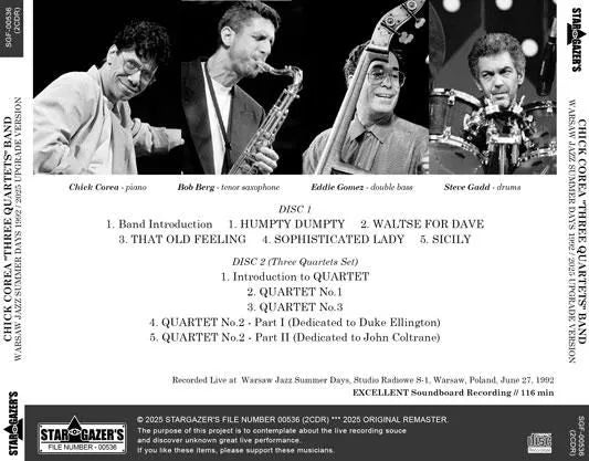 CHICK COREA "THREE QUARTETS" BAND / WARSAW JAZZ SUMMER DAYS 1992 - 2025 UPGRADE VERSION (2CDR)