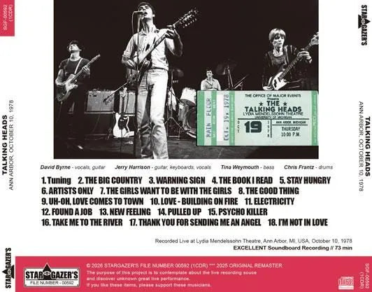 TALKING HEADS / ANN ARBOR, OCTOBER 10, 1978 SOUNDBOARD (1CDR)