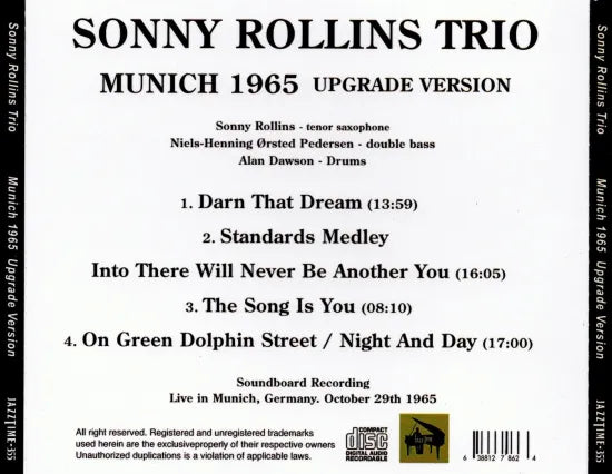 SONNY ROLLINS TRIO / MUNICH 1965 UPGRADE VERSION SOUNDBOARD (1CDR)