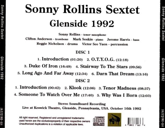 Sonny Rollins Sextet / Glenside 1992 STEREO SOUNDBOARD (2CDR)