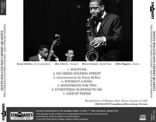 SONNY ROLLINS DON CHERRY QUARTET / THE COMPLETE 1963 PARIS CONCERT 2026 UPGRADE VERSION SOUNDBOARD (1CDR)