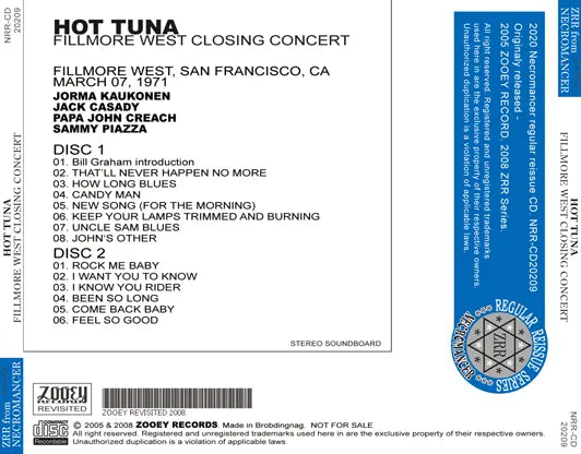 HOT TUNA / FILLMORE WEST CLOSING CONCERT (2CDR)