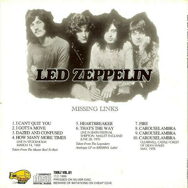 Led Zeppelin Missing Links Tdolz 81 1969 1970 1978 CD 1 Disc 10 Tracks Hard Rock
