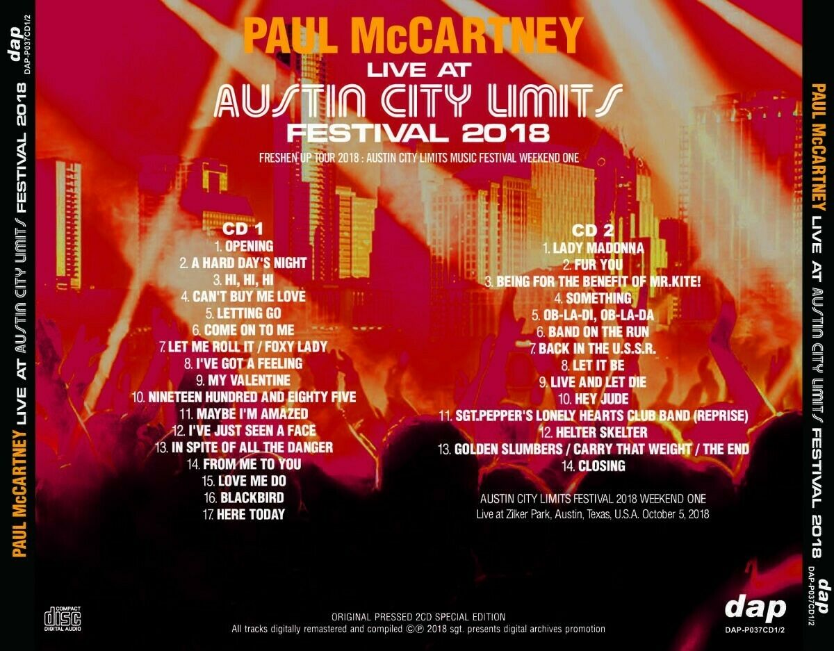 Paul McCartney Live At Austin City Limits Festival 2018 CD 2 Discs 31 Tracks F/S