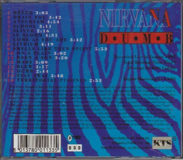 Nirvana Dumb 1992 Live In Europe KTS CD 1 Disc 16 Tracks Music Rock Pops F/S