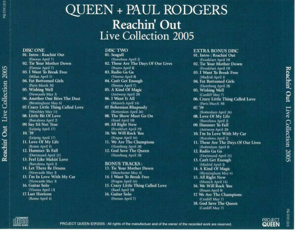 Queen Paul Rodgers 2005 Live Collection Reachin' Out CD 3 Discs 51 Tracks Music