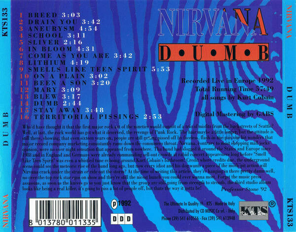 Nirvana Dumb 1992 Live In Europe KTS CD 1 Disc 16 Tracks Music Rock Pops F/S