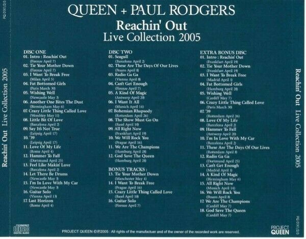Queen Paul Rodgers 2005 Live Collection Reachin' Out CD 3 Discs 51 Tracks Music