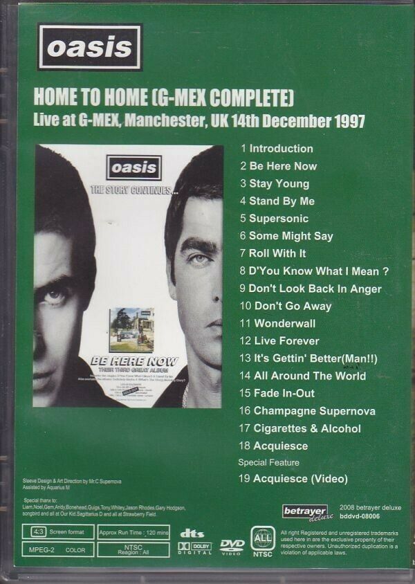 Oasis HOME TO HOME G-MEX COMPLETE DVD 19 Tracks factory pressed disc
