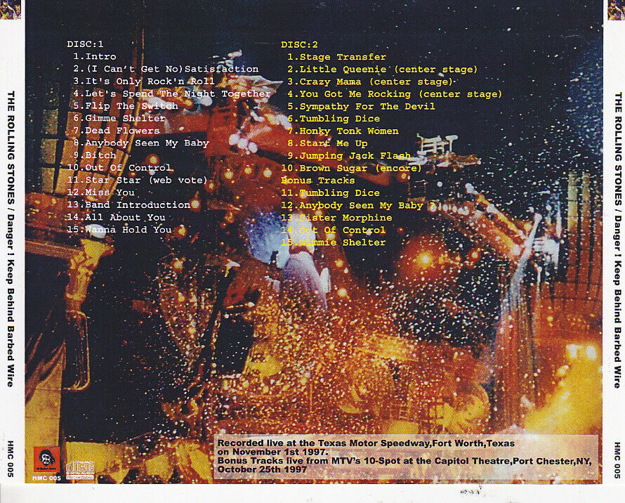 The Rolling Stones Danger Keep Behind Barbed Wire Fort Worth Texas 1997 2CDs F/S