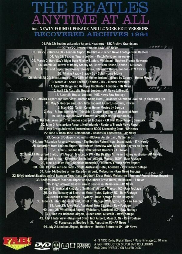 The Beatles Recovered Archives 1964 Anytime At All DVD 1 Disc 44 Tracks Music