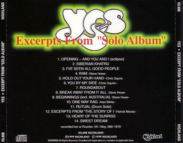 Yes Excerpt From Solo Album 1976 CD 1 Discs 14 Tracks Progressive Rock Music F/S
