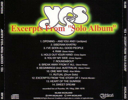 Yes Excerpt From Solo Album 1976 CD 1 Discs 14 Tracks Progressive Rock Music F/S