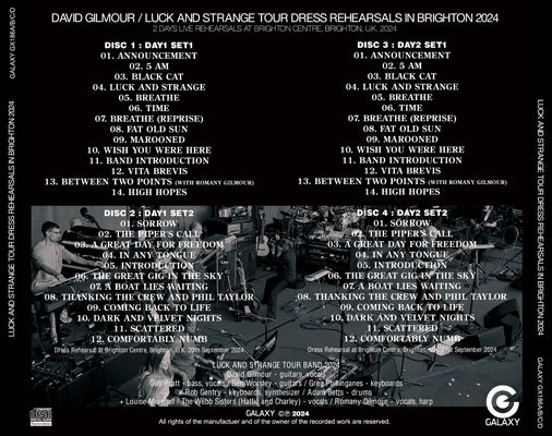 DAVID GILMOUR / LUCK AND STRANGE TOUR DRESS REHEARSALS IN BRIGHTON 2024 (4CDR)